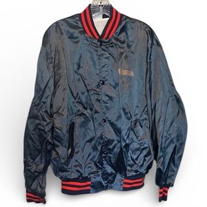 Front Row Virginia Cavaliers Navy Satin Bomber Jacket with orange, snap buttons